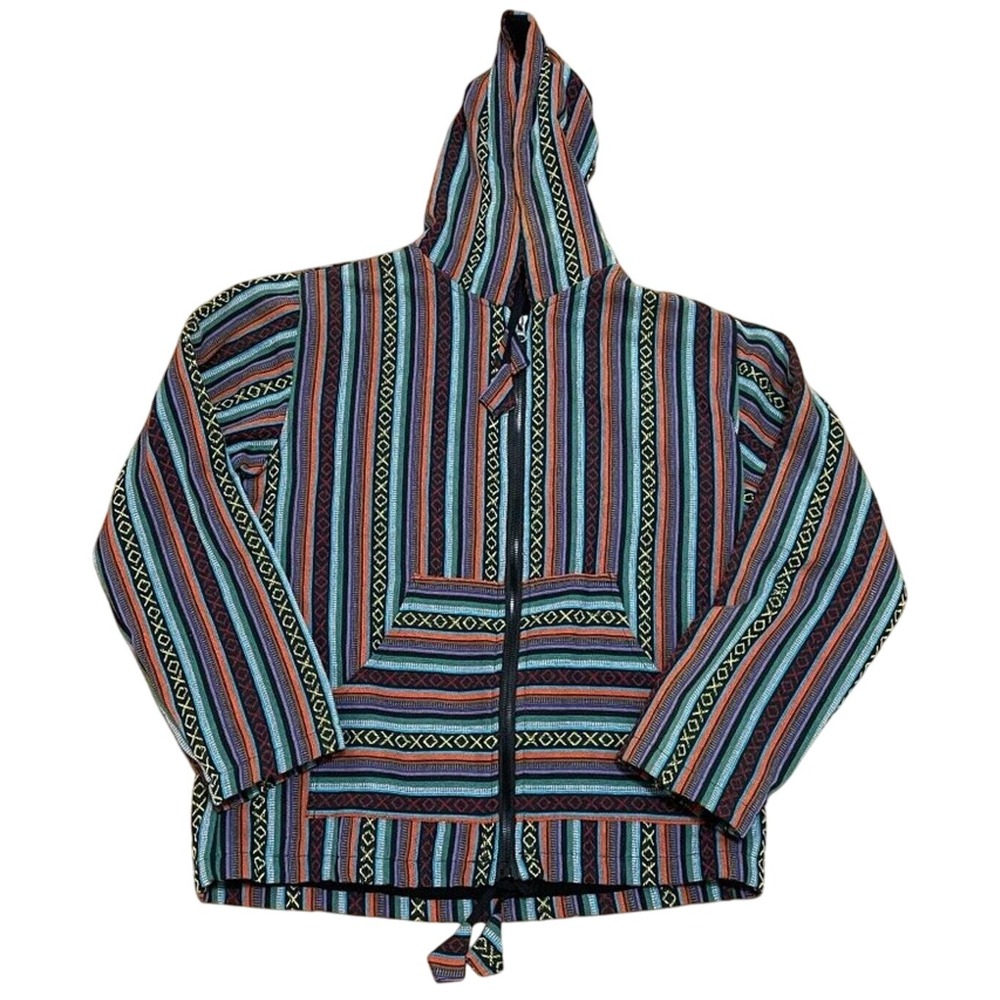 Striped Baja‎ Zip Up Men's M Jacket Festival Hippie Boho Pouch Pocket Colorful